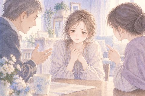 家族に責められて困った表情をする女性