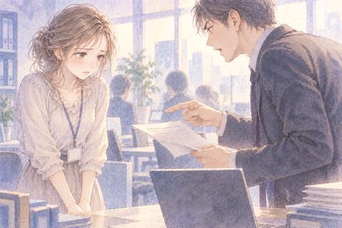 職場で上司に責められて緊張する女性