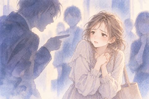 見知らぬ人に責められて身を縮める女性