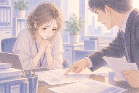 失敗した書類を前に責められる女性