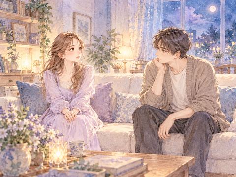 自宅のソファで別れについて静かに話し合う恋人同士