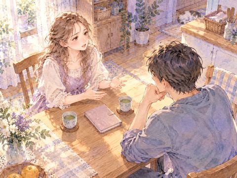 食卓で将来について真剣に話し合う夫婦