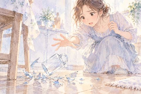 手から落ちるコップに驚く大人の女性