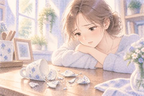 お気に入りのコップが割れて悲しむ大人の女性