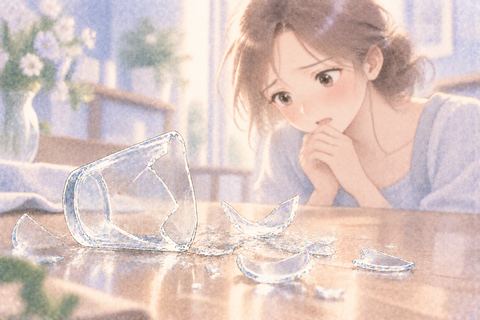 割れた透明なガラスのコップを見る大人の女性