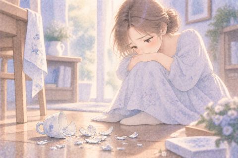 割れたコップを前に悲しむ大人の女性
