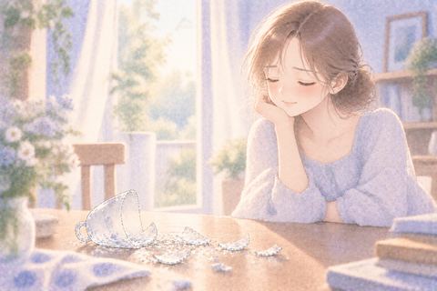 割れたコップを見てほっとする大人の女性