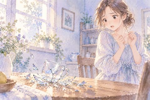 触れていないコップが割れて驚く大人の女性