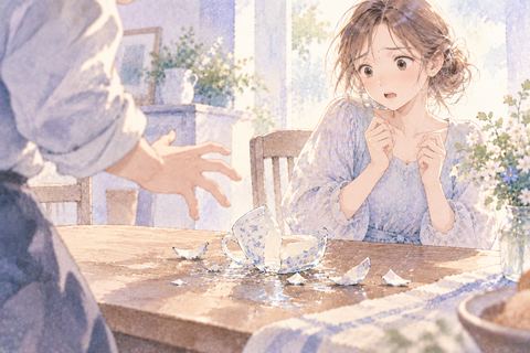 他人にコップを割られて戸惑う大人の女性