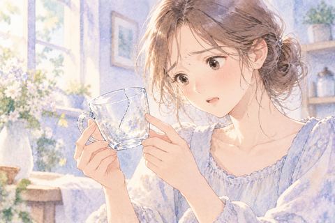 ひびの入ったコップを見つめる大人の女性