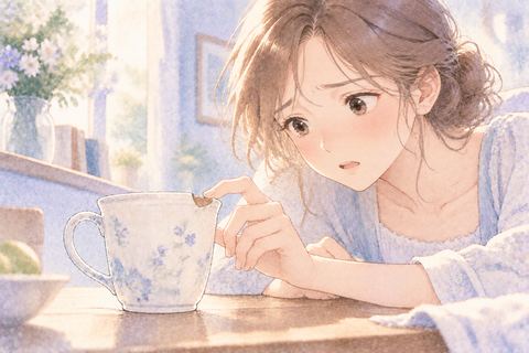 縁が欠けたコップを確かめる大人の女性