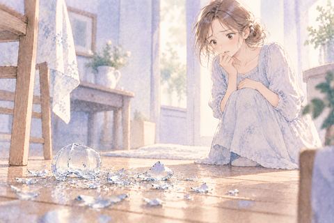 粉々に割れたコップを見る大人の女性