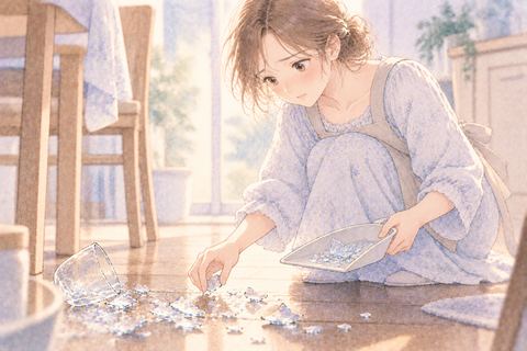 割れたコップの破片を丁寧に片付ける大人の女性