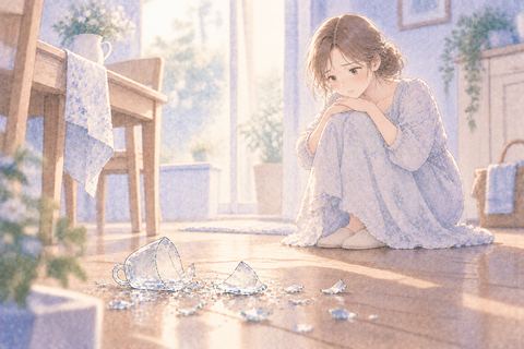 割れたコップを静かに見つめる大人の女性