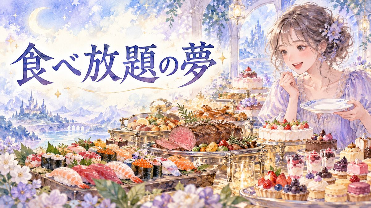 色とりどりの料理が並ぶビュッフェで嬉しそうに微笑むアザミ