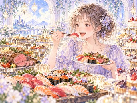 食べ放題で好きな寿司や肉料理を嬉しそうに食べる女性