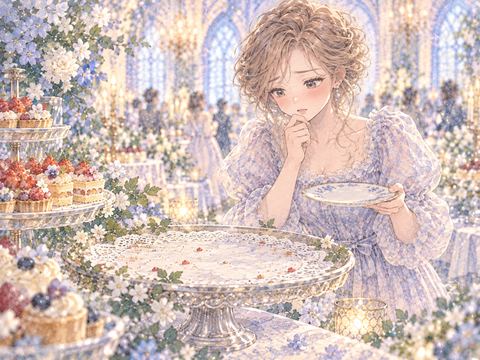 ケーキがなくなった空のトレーを見てがっかりする女性