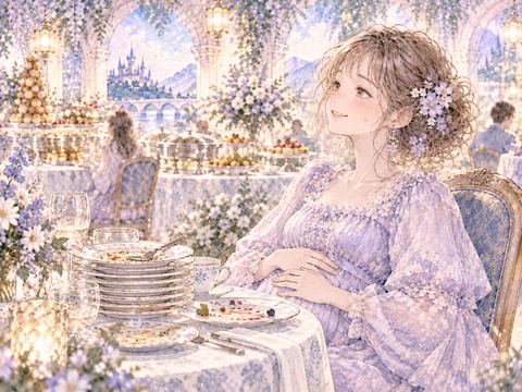 皿が積まれた食卓で満腹になり苦しそうにお腹を押さえる女性