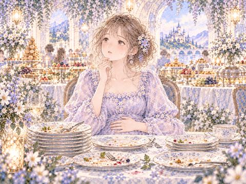 何皿食べても満足できず次の料理を見つめる女性