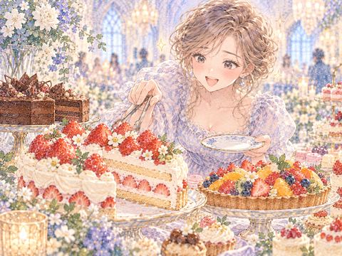 色とりどりのケーキが並ぶ台で嬉しそうに選ぶ女性