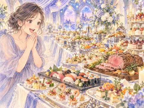 豪華な料理が並ぶビュッフェを見て目を輝かせる女性