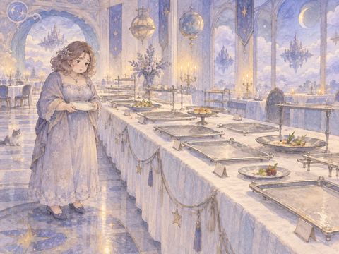 料理が数品しかないビュッフェ台を見てがっかりする女性