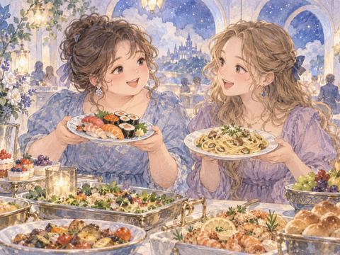 食べ放題で料理を見せ合い楽しそうに笑う女性二人
