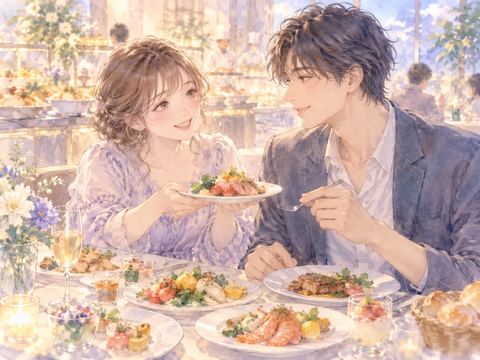 食べ放題で恋人と料理をすすめ合い微笑む女性