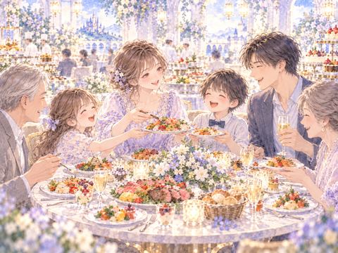 家族と好きな料理を囲んで穏やかに食事を楽しむ女性