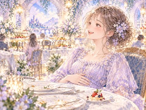 食べ終えた皿の前で満腹になり幸せそうに微笑む女性