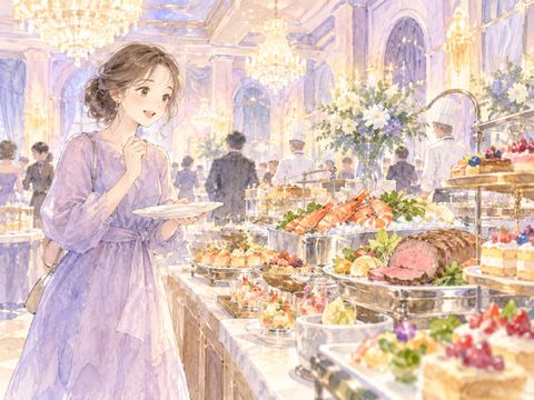 華やかなホテルのバイキングで料理を眺め喜ぶ女性