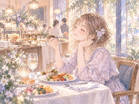 落ち着いたレストランで食べ放題を楽しみくつろぐ女性
