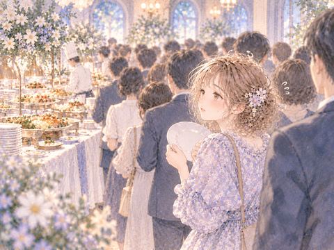 混雑したビュッフェで料理の列を前に困惑する女性