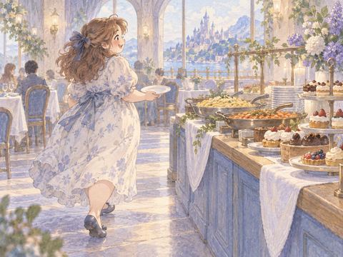 空いた皿を持ち新しい料理を取りに向かう女性