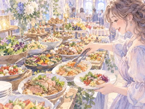 料理が並ぶビュッフェ台で好きな一品を皿に取る女性