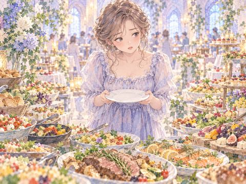 料理を選べず空の皿を持って迷う女性