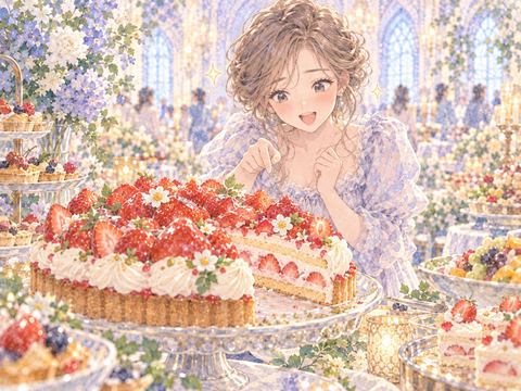 ビュッフェで大好きなケーキを見つけ目を輝かせる女性