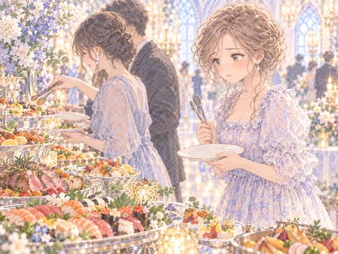 料理を取れずトングを持ったまま戸惑う女性