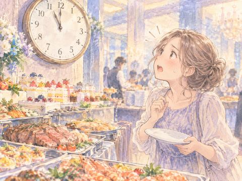 食べ放題の終了時計と手つかずの料理を見て焦る女性