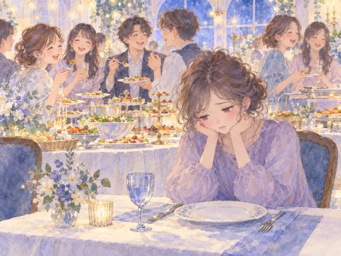 周囲が食事を楽しむ中で空の皿を見つめ寂しそうな女性