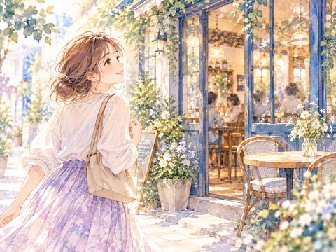 街角のカフェへ期待に満ちた表情で歩いていく女性