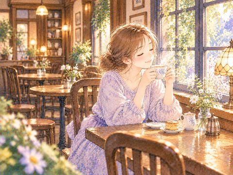 静かな喫茶店の窓際で温かい飲み物を楽しむ女性