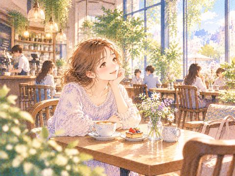 大きな窓のあるおしゃれなカフェで笑顔を見せる女性