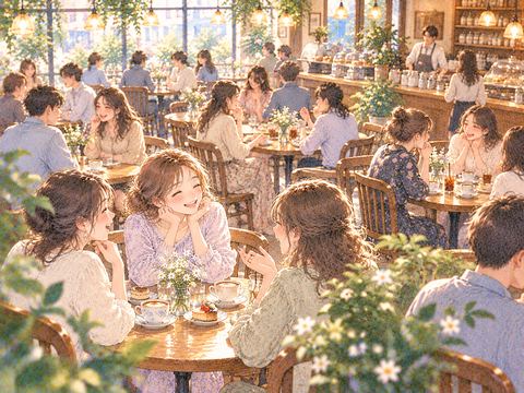 大勢の客が会話する混雑したカフェで友人と笑う女性