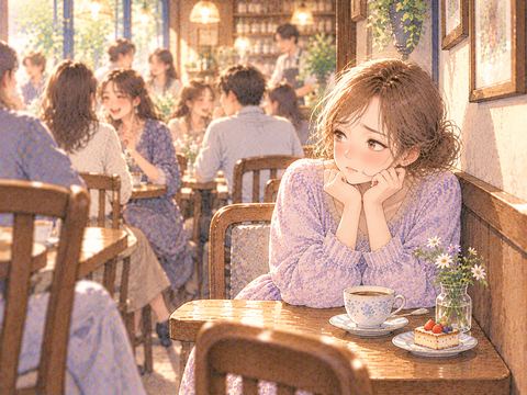 カフェの狭い席で周囲の視線を気にする女性