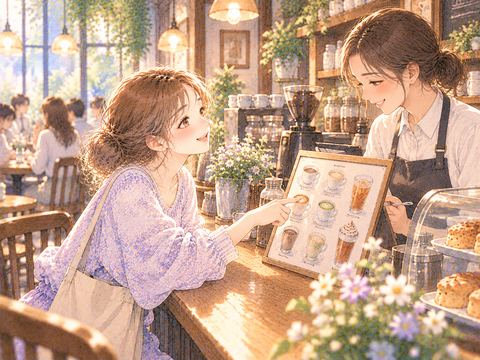 カフェのカウンターでメニューを指して注文する女性
