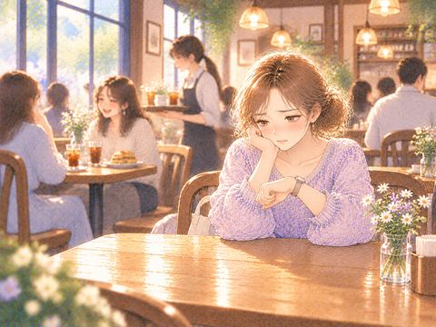 料理が届かない空のテーブルで時計を気にする女性