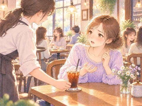 注文と違う飲み物を運ばれ店員に確認する女性
