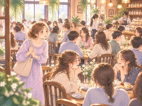 すべての席が埋まったカフェで空席を探す女性