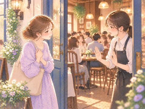 カフェの入口で店員に入店を断られ悲しそうな女性